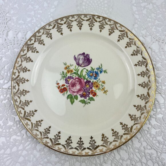 Edwin M. Knowles Semi Vitreous China 5 Salad Plates Floral Center Gold Trim 7.5" - Picture 4 of 9